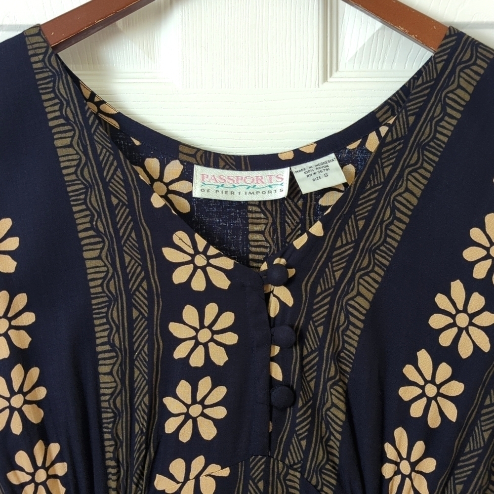 Passports of Pier 1 Imports 90s Vintage Bohemian Floral A-Line Midi Dress Navy S - Picture 3 of 11